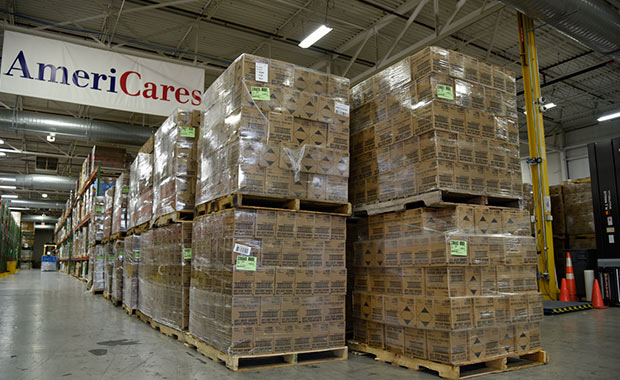 OFF!® aerosol repellent in AmeriCares Connecticut warehouse will soon be distributed to health centers, health departments and nonprofit partners in the southern United States and Puerto Rico. Photo by Jake Rauscher/AmeriCares