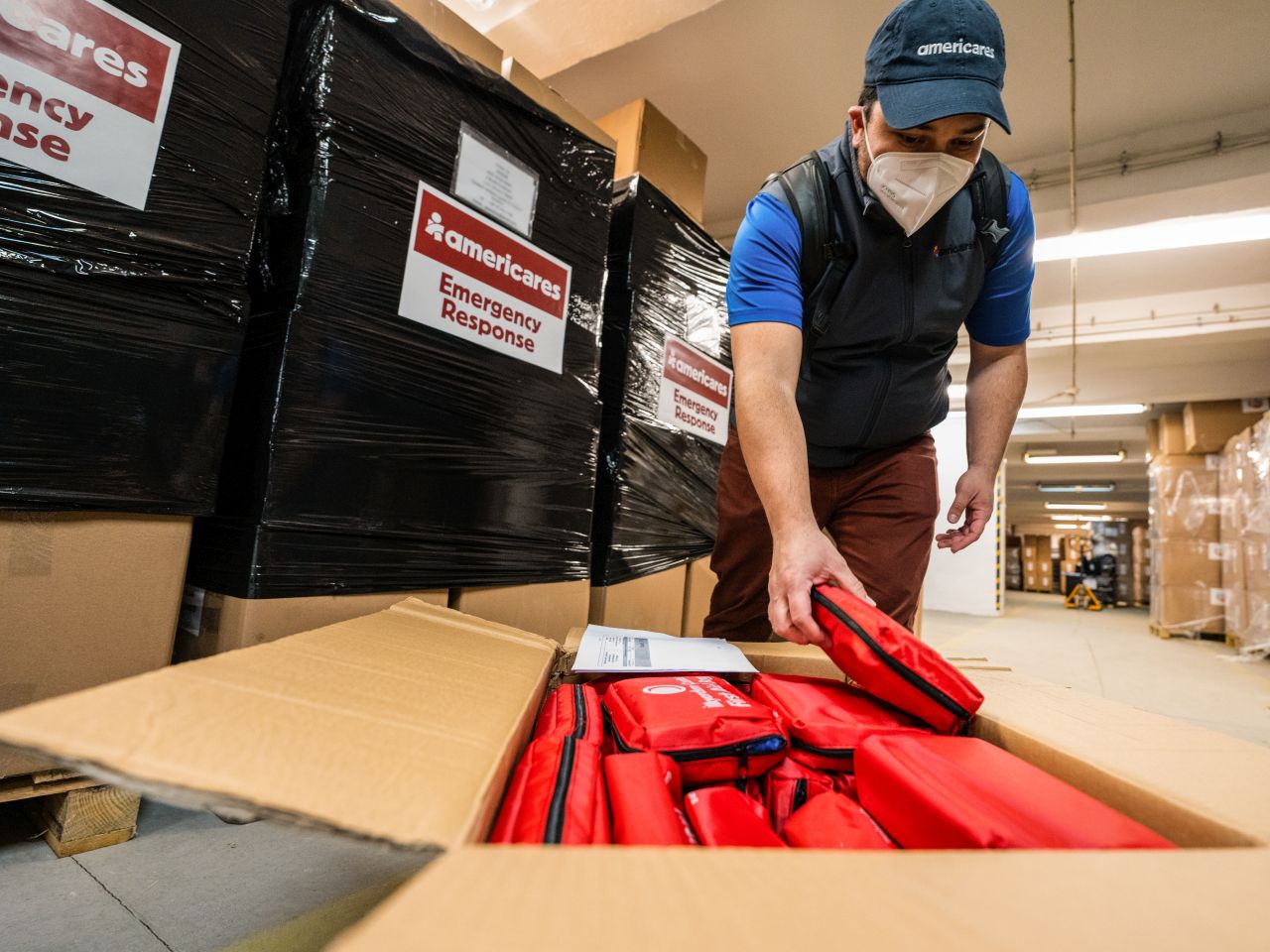 Americares staff finalize logistics and review a procurement of medical supplies with a local partner, due to travel to the Polish/Ukrainian border the same day. The shipment will be distributed to Americares partners in Ukraine. On Thursday, March 24 (Photo/Mike Demas).