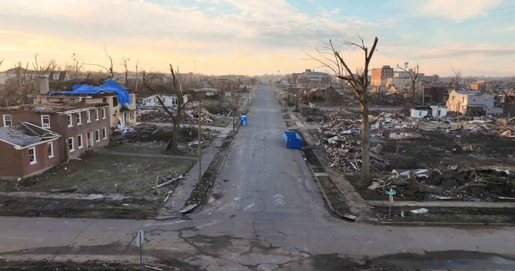 Looking down a road of tornado destruction in Mayfield KY