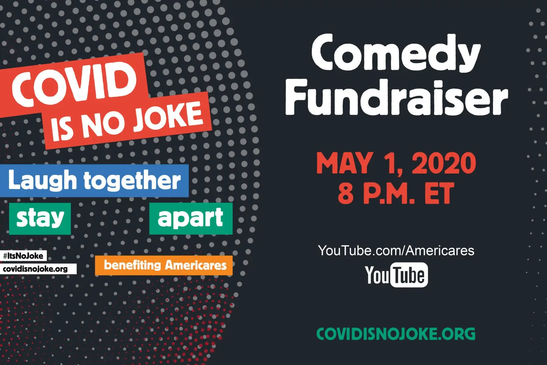 The COVID IS NO JOKE comedy show will be a night of levity, laughter and community in support of frontline health workers—the heroes of the COVID-19 pandemic. The show will air LIVE on covidisnojoke.org and Americares YouTube channel at 8 p.m. EDT, benefitting Americares COVID-19 response