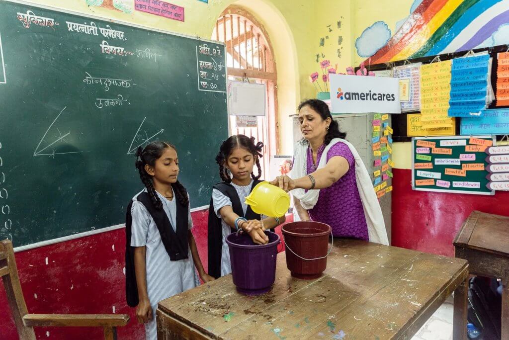 Proper hand washing is an important lesson in the school education program.